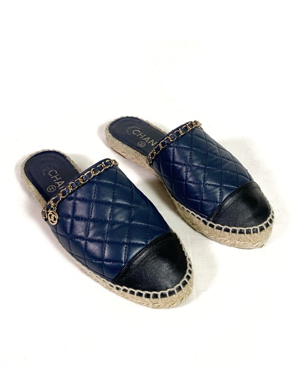 Chanel Quilted Leather CC Chain Espadrille Mule Navy Black